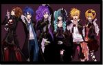  3girls alternate_hairstyle aqua_hair belt blonde_hair blue_hair bow brown_hair coat corset dress drill_hair hatsune_miku jpeg_artifacts kagamine_len kagamine_rin kaito kamui_gakupo long_hair meiko multiple_boys multiple_girls purple_hair ryuuno_naku_hakoniwa_yori_(vocaloid) scarf short_hair skirt very_long_hair vocaloid 