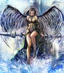  absurdres angel bccp curvy green_eyes highres long_hair original polearm solo spear weapon white_hair wings 