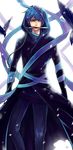  bird blood blue_hair crow dark_persona highres kaito knife male_focus mouth_hold pose ribbon solo standing udonnodu vocaloid 