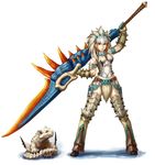  armor barioth barioth_(armor) belt left-handed monster_hunter navel shigumo_(shigeru) solo switch_axe sword weapon white_hair 