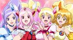  :d aono_miki blonde_hair blue_choker choker cure_berry cure_passion cure_peach cure_pine eyelashes fresh_precure! gensou_(mopoepei) hair_ornament heart heart_hair_ornament higashi_setsuna highres magical_girl momozono_love multiple_girls open_mouth orange_choker orange_eyes pink_choker pink_eyes pink_hair precure purple_eyes purple_hair smile white_choker yamabuki_inori 