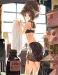  animal_ears apple back backlighting bloomers book book_stack bra brown_hair food fruit glasses kabocha_(monkey4) kemomimi_megane_shisho-san light_rays lingerie looking_at_viewer looking_back original purple_eyes rimless_eyewear shirt solo sunbeam sunlight underwear window 