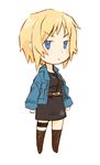  1girl aya_brea blonde_hair blue_eyes chibi female full_body jacket miniskirt pain_(pixiv_137543) parasite_eve parasite_eve_ii short_hair simple_background skirt solo white_background 