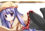  alternate_costume bad_id bad_pixiv_id beret contemporary crescent hair_ribbon hat long_hair lying mumei panties panties_under_pantyhose pantyhose patchouli_knowledge purple_eyes purple_hair ribbon school_uniform smile solo touhou underwear 