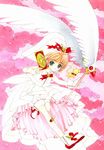  90s brown_hair card cardcaptor_sakura clamp cloud clow_card fuuin_no_tsue hat holding holding_card kero kinomoto_sakura magical_girl official_art wand white_hat wings 