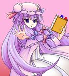 blue_eyes book bookmark fal_(falketto) hair_ribbon hat long_hair lowres outstretched_arm outstretched_hand patchouli_knowledge purple_hair ribbon solo touhou very_long_hair 