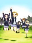  absurdres akiyama_mio black_eyes black_hair blonde_hair blue_eyes brown_eyes brown_hair clenched_hands happy highres hirasawa_yui jumping k-on! kotobuki_tsumugi long_hair mitsuki_meiya multiple_girls nakano_azusa pantyhose raised_fist raised_fists school_uniform short_hair tainaka_ritsu 