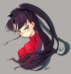  angry black_hair blue_eyes blush fate/stay_night fate_(series) frown long_hair looking_back solo sweater toosaka_rin two_side_up upper_body yu_li 