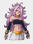  1girl ahoge android_21 bare_shoulders bracelet breasts choker cleavage dragon_ball dragon_ball_fighterz grey_background hair_between_eyes jewelry kemachiku long_hair looking_at_viewer majin_android_21 medium_breasts midriff navel pink_hair red_eyes simple_background solo yellow_choker 