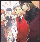  4boys amada_ken aragaki_shinjirou artist_request beanie brown_hair closed_eyes double-breasted female_protagonist_(persona_3) hat iori_junpei multiple_boys multiple_girls persona persona_3 persona_3_portable sanada_akihiko scan school_uniform short_hair takeba_yukari trench_coat 