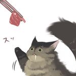  animal cat cat_focus chopsticks drooling food hanokage looking_up lowres meat no_humans original sad saliva simple_background solo tail teasing white_background 