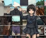  1girl black_eyes black_hair black_serafuku building cat commentary_request original paper school_uniform serafuku short_hair smile standing tree umbrella v wall yajirushi_(chanoma) 