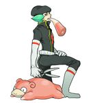  boots gloves green_eyes green_hair hat lance_(pokemon) lowres nintendo pokemon scissors slowpoke team_rocket 