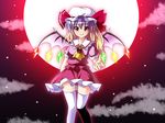  bat_wings blonde_hair blue_hair fal_(falketto) fang flandre_scarlet fusion gradient_hair hat moon multicolored_hair parody red_moon remilia_scarlet side_ponytail solo thighhighs touhou white_legwear wings zettai_ryouiki 