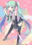  aqua_eyes aqua_hair aqua_nails bow detached_sleeves hatsune_miku high_heels highres legs long_hair nail_polish necktie shoes smile solo thighhighs tiru twintails very_long_hair vocaloid zettai_ryouiki 