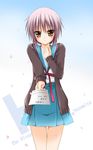  bangs brown_eyes cardigan cherry_blossoms grey_hair kita_high_school_uniform nagato_yuki paper petals school_uniform serafuku short_hair solo suzumiya_haruhi_no_shoushitsu suzumiya_haruhi_no_yuuutsu tomosuke 