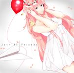  bad_id bad_pixiv_id balloon bird blue_eyes dress flower hatsuko highres just_be_friends_(vocaloid) long_hair megurine_luka paper_airplane pink_hair solo tears vocaloid white_dress 