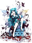  aqua_eyes aqua_hair armchair barefoot blue_nails bug butterfly chair detached_sleeves feet feet_on_chair flower hatsune_miku insect instrument legs long_hair nail_polish necktie rose sitting skirt solo toenail_polish torigoe_takumi vocaloid 