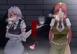  blue_eyes blush breasts cup gloves grey_hair hairband hat hong_meiling huge_breasts izayoi_sakuya kupala multiple_girls pocket_watch red_eyes red_hair scarf smile touhou tray watch 