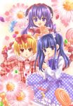  blonde_hair blue_eyes blue_hair candy cream_puff dress flower food furude_rika hanyuu higurashi_no_naku_koro_ni horns houjou_satoko licking lollipop long_hair maekawa_suu multiple_girls pastry plaid polka_dot purple_eyes purple_hair red_eyes ribbon short_hair swirl_lollipop twintails 