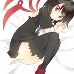  back back_cutout bad_id bad_pixiv_id black_hair black_legwear colored_eyelashes eyelashes feet_out_of_frame fetal_position from_above houjuu_nue ika lying no_nose no_panties on_side red_eyes short_hair solo thighhighs thighs touhou tsurime wings zettai_ryouiki 