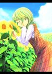  adjusting_hair bad_id bad_pixiv_id closed_eyes cloud day field flower flower_field green_hair kazami_yuuka leaning_forward letterboxed plaid plaid_skirt plaid_vest profile skirt skirt_set smelling_flower solo sunflower touhou vest you_shimizu 