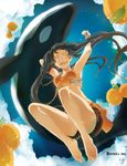  arancia armpits barefoot black_hair feet food foreshortening from_below fruit happy highres jumping legs miniskirt orange orange_eyes orange_skirt orca original rahwia skirt smile solo twintails 