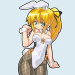  animal_ears bad_id bad_pixiv_id bare_shoulders blonde_hair blush breasts bunny_ears bunny_girl bunnysuit busou_shinki cleavage dd_(ijigendd) fishnet_pantyhose fishnets green_eyes large_breasts long_hair pantyhose ponytail solo wrist_cuffs 