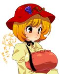  aki_minoriko aki_shizuha bow breasts chibi chibi_inset choker food fruit grapes hat huge_breasts kiri_futoshi multiple_girls orange_hair pun ribbon ribbon_choker sweatdrop touhou translated 