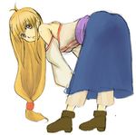  1girl arc_the_lad arc_the_lad_ii bare_shoulders bent_over blonde_hair dress female full_body hosi lieza long_hair simple_background solo white_background yellow_eyes 