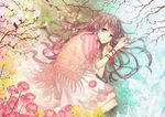  blanket blue_eyes branch brown_hair camellia cherry_blossoms flower ice long_hair lying magnolia original seasons shawl snow solo yamyom 