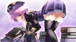  :o agarest_senki agarest_senki_(series) ass bangs bent_over black_legwear bob_cut book corset flat_chest from_behind game_cg hat hirano_katsuyuki lace legs looking_back official_art pink_eyes purple_hair ryuryu_(agarest_senki) short_hair solo surprised thighhighs 