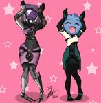  2girls alien arms_up asari belt blue_skin caramelldansen closed_eyes dancing liara_t'soni mass_effect meme multiple_girls parody quarian signature smile star tali'zorah 