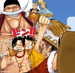  bandana beard black_hair blonde_hair boned_meat eating edward_newgate facial_hair food freckles grin hat jewelry male_focus marco meat monkey_d_luffy multiple_boys muscle mustache necklace one_eye_closed one_piece portgas_d_ace puffy_cheeks scar shirtless smile straw_hat teeth thatch theplough03 v whitebeard_pirates 