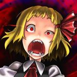  blonde_hair crazy_eyes fangs glowing glowing_eyes hair_ribbon open_mouth red_eyes ribbon rumia saliva sharp_teeth shin_(nsb-s) short_hair solo teeth touhou 