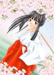  aoyama_motoko black_hair brown_eyes cherry_blossoms chouko japanese_clothes long_hair love_hina miko petals ponytail solo sword weapon 
