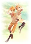  1girl aqua_eyes blonde_hair brother_and_sister hair_ornament hair_ribbon hairclip jumping kagamine_len kagamine_rin kin_(aaaa) ribbon school_uniform short_hair siblings skirt smile socks twins vocaloid 