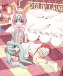  animal_hat aqua_eyes aqua_hair bandaid bandaid_on_leg bed blanket bloomers blue_nails bow candy checkered checkered_floor cheese clock clone colorized eibe food frilled_legwear hat hatsune_miku kneehighs lamp lap lap_pillow large_bow lollipop long_hair lots_of_laugh_(vocaloid) multiple_girls nail_polish one_eye_closed perspective pillow skirt smiley_face sock_pull socks stuffed_animal stuffed_toy sweets table toe_socks twintails underwear vocaloid 