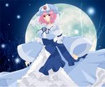  absurdres breasts frills full_moon gathers ghost hat highres japanese_clothes large_breasts light_particles mofu_shougun moon pink_hair red_eyes saigyouji_yuyuko solo touhou tree 