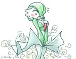  breasts embarrassed gardevoir gen_3_pokemon large_breasts no_humans open_mouth pokemon pokemon_(creature) simple_background skirt solo wind 
