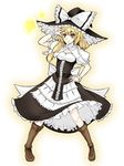  \m/ alternate_costume bad_id bad_pixiv_id blonde_hair boots cleavage_cutout copycat_(dryfood) curiosities_of_lotus_asia hand_on_hip hat highres kirisame_marisa petticoat short_hair solo touhou witch_hat yellow_eyes 