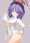  ass barefoot bottomless breasts cleavage hat highres large_breasts nagae_iku open_clothes open_shirt purple_hair red_eyes shirt short_hair solo tipo_(tipoplaza) touhou 
