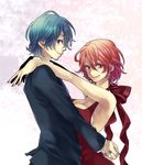  1girl armpits bare_shoulders blue_eyes blue_hair blue_nails bow breast_press breasts cleavage couple dress earrings formal hetero hug jewelry kaito large_breasts meiko nail_polish red_eyes red_hair red_nails short_hair smile suit vocaloid yamako_(state_of_children) 