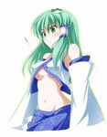  1girl blush breasts detached_sleeves kochiya_sanae long_hair medium_breasts midriff solo touhou tri underboob 