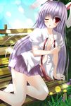  animal_ears bad_id bad_pixiv_id bench breasts bunny_ears cleavage day hot long_hair medium_breasts necktie nishidate_masu no_bra one_eye_closed open_clothes open_shirt outdoors purple_hair red_eyes reisen_udongein_inaba shirt skirt solo touhou undone_necktie white_shirt 