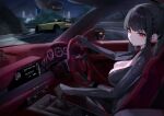  black_bodysuit black_hair blue_archive blush bodysuit breasts car_interior car_seat center_opening city cityscape cleavage drifting driving guard_rail halo large_breasts long_hair looking_at_viewer miho_(user7939139) motor_vehicle night official_alternate_costume partially_unzipped ponytail rear-view_mirror red_eyes right-hand_drive rio_(blue_archive) rio_(bodysuit)_(blue_archive) road scenery side-view_mirror sky solo spoiler_(automobile) steering_wheel very_long_hair 