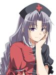  braid chin_rest closed_mouth face grey_hair hat long_hair looking_at_viewer purple_eyes rimibure simple_background single_braid smile solo touhou tsurime upper_body yagokoro_eirin 