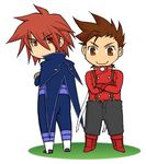  2boys age_difference akagi_haruna akaki brown_eyes brown_hair chibi crossed_arms father_and_son kratos_aurion lloyd_irving lowres multiple_boys red_eyes red_hair short_hair simple_background smile spiked_hair spiky_hair suspenders tales_of_(series) tales_of_symphonia 