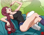  asaruton breasts brown_hair cleavage couch crossed_legs cutoffs denim denim_shorts drink eating green_eyes headphones jacket kneehighs long_hair medium_breasts open_mouth sacred_seven short_shorts shorts sitting socks solo sp_(sacred_seven) tank_top thighs tomato_juice tongue zoom_layer 