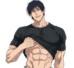  1boy abs black_hair broad_shoulders clothes_pull fushiguro_touji highres jujutsu_kaisen male_focus muscular muscular_male navel pectorals scar_on_lip serratus_anterior shirt_pull short_hair simple_background solo v0idzenin white_background 